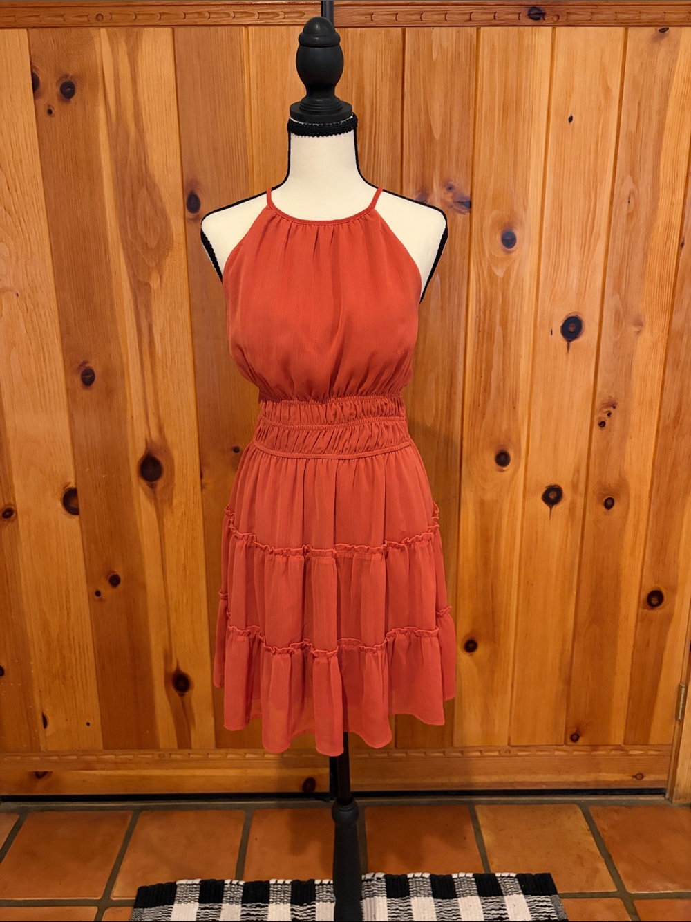 Rust Orange Halter Tiered Mini Country Western Boho Festival Dress Size Medium